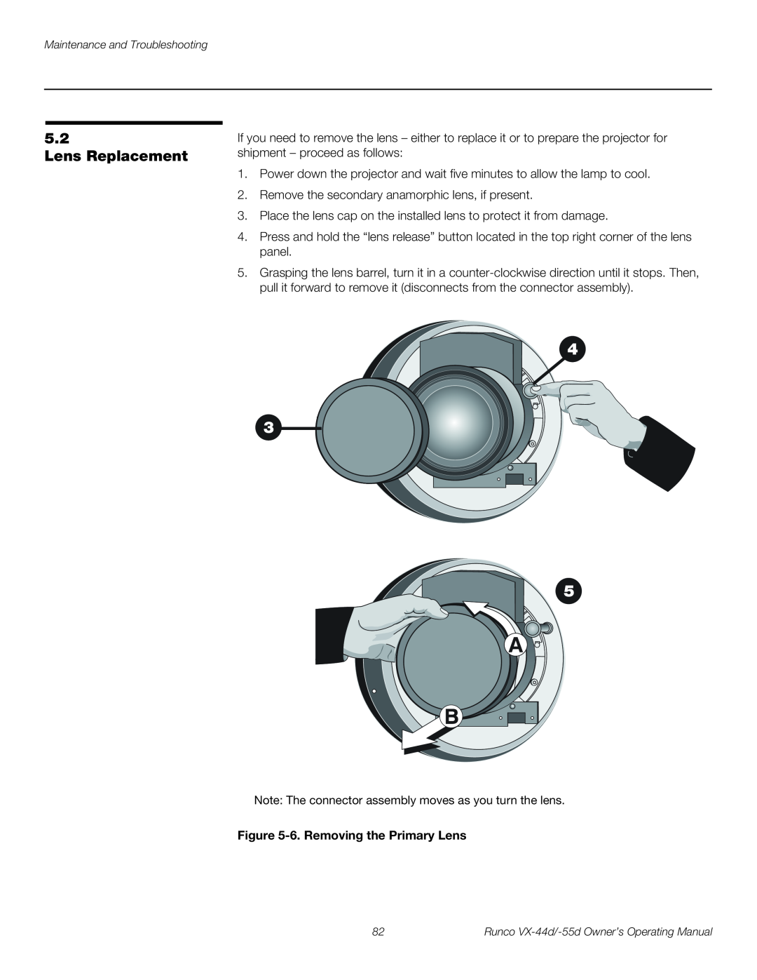 Runco VX-44D, VX-55D manual Lens Replacement, 6. Removing the Primary Lens 