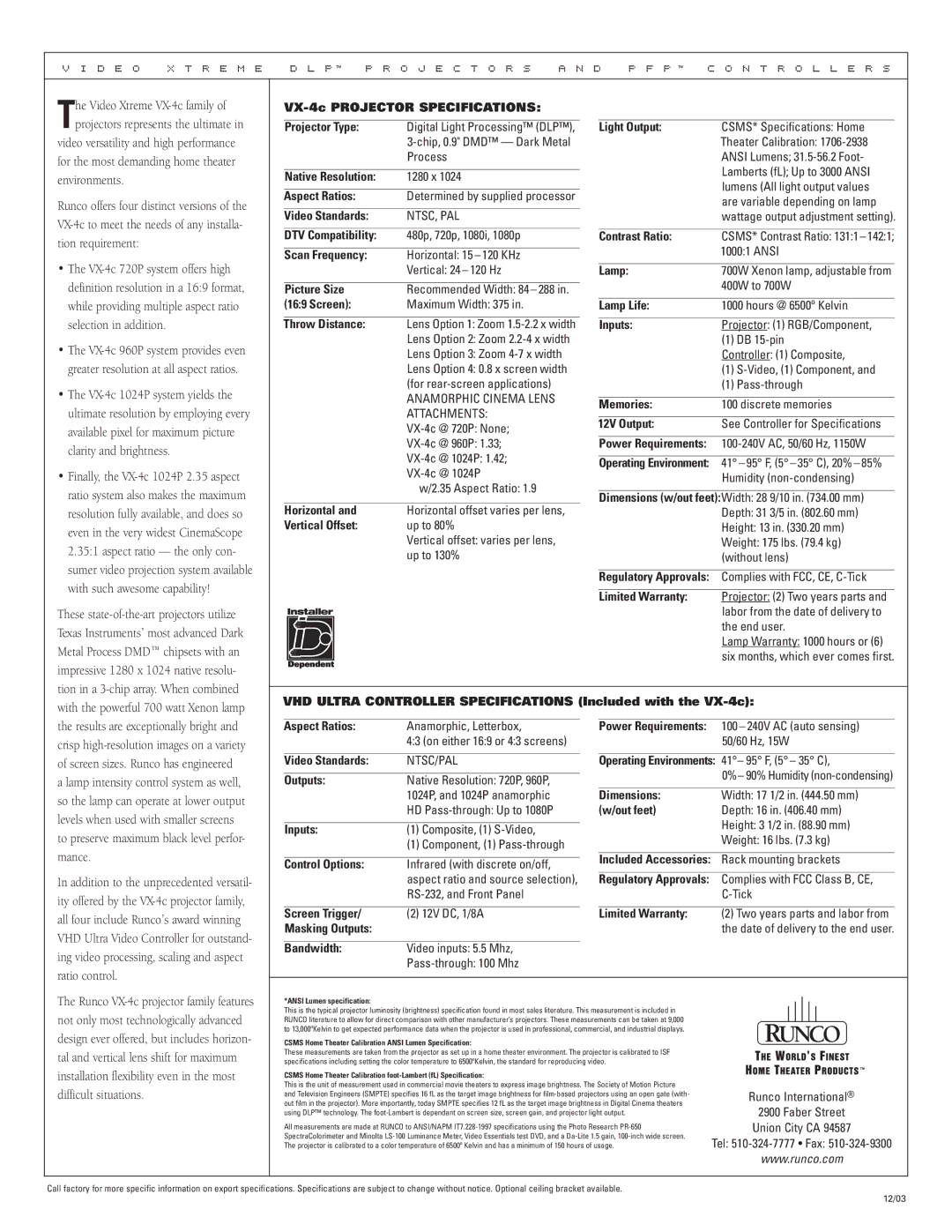 Runco VX-4c 1024P VX-4c Projector Specifications, Native Resolution, Aspect Ratios, Video Standards, DTV Compatibility 