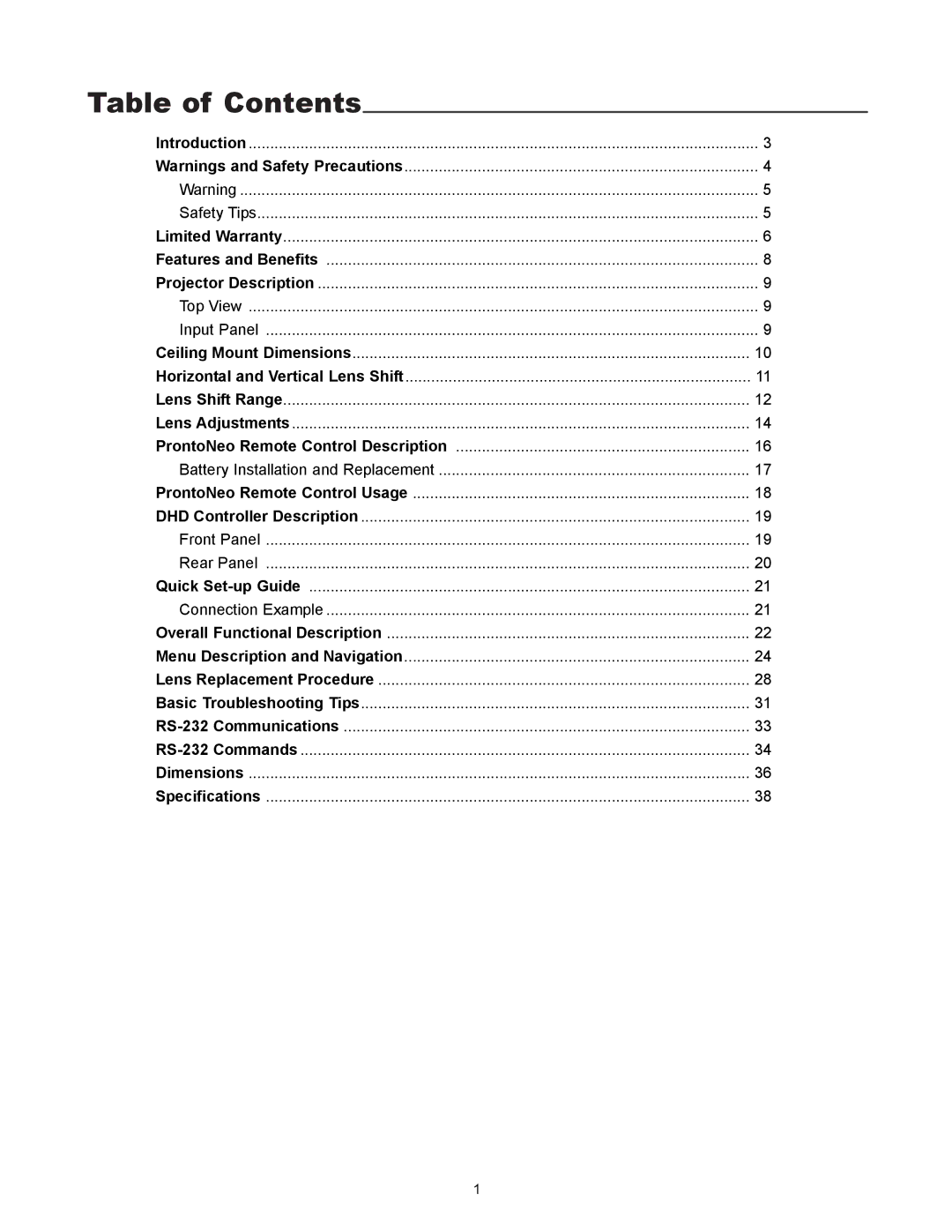 Runco VX-5000ci manual Table of Contents 