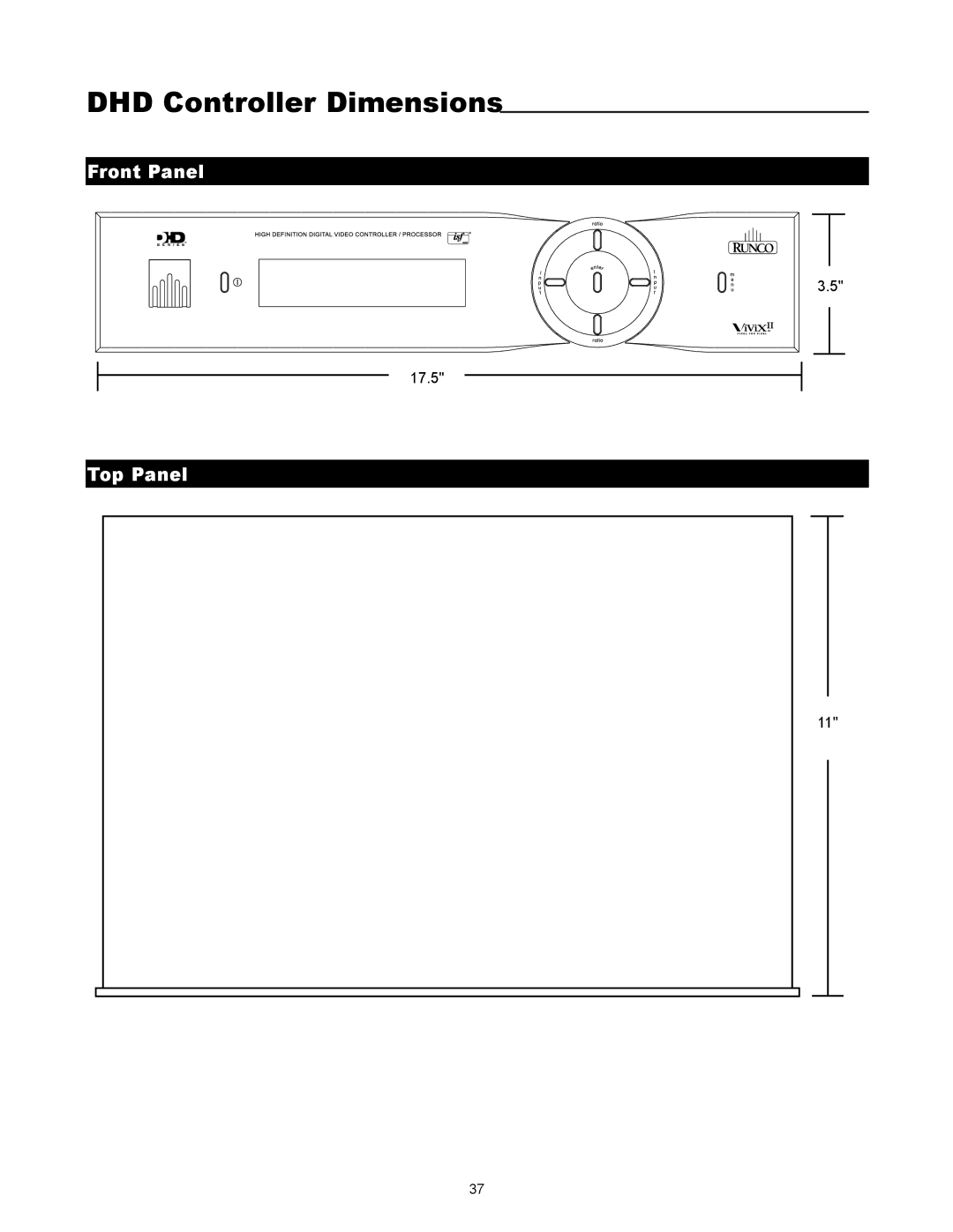 Runco VX-5000ci manual DHD Controller Dimensions, Top Panel 