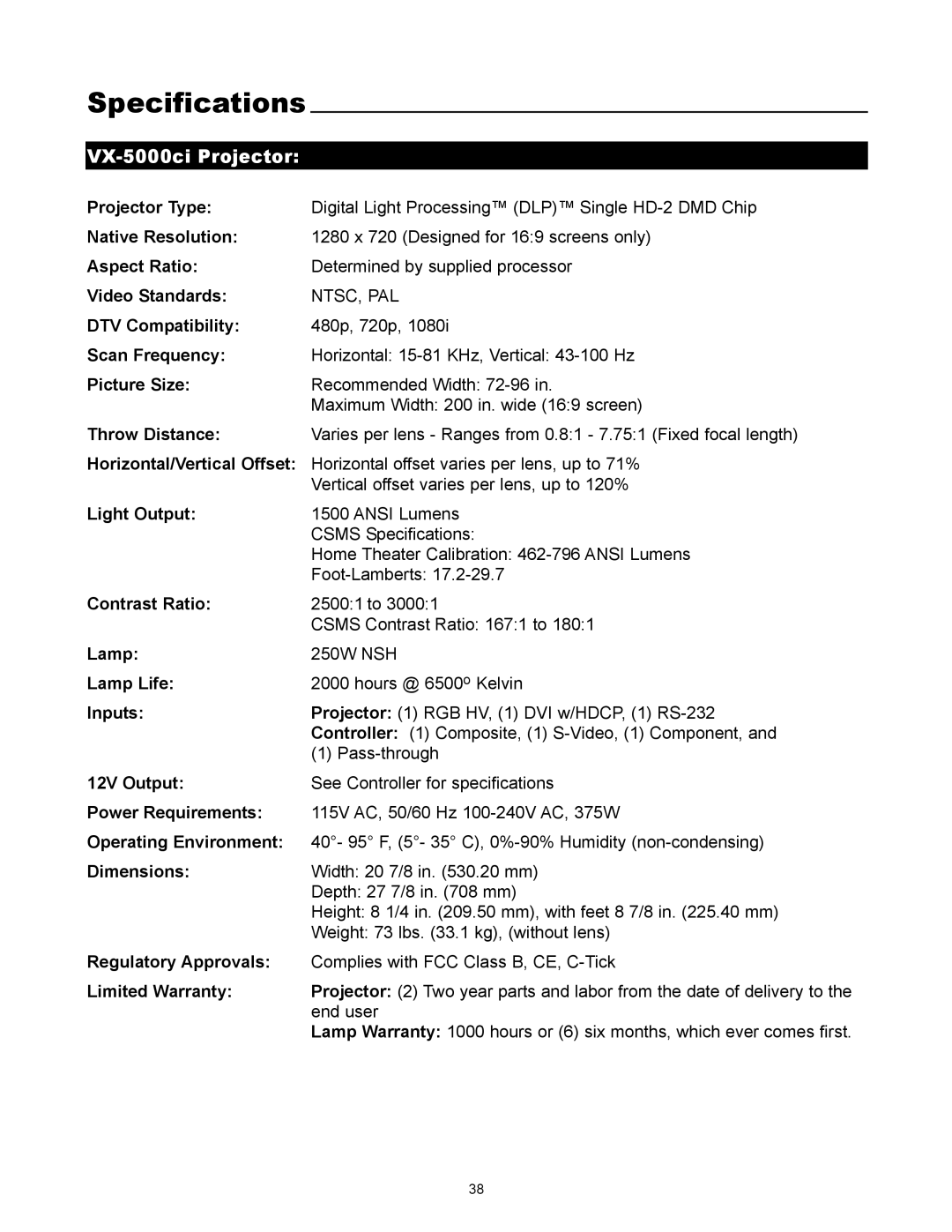 Runco manual Specifications, VX-5000ci Projector 