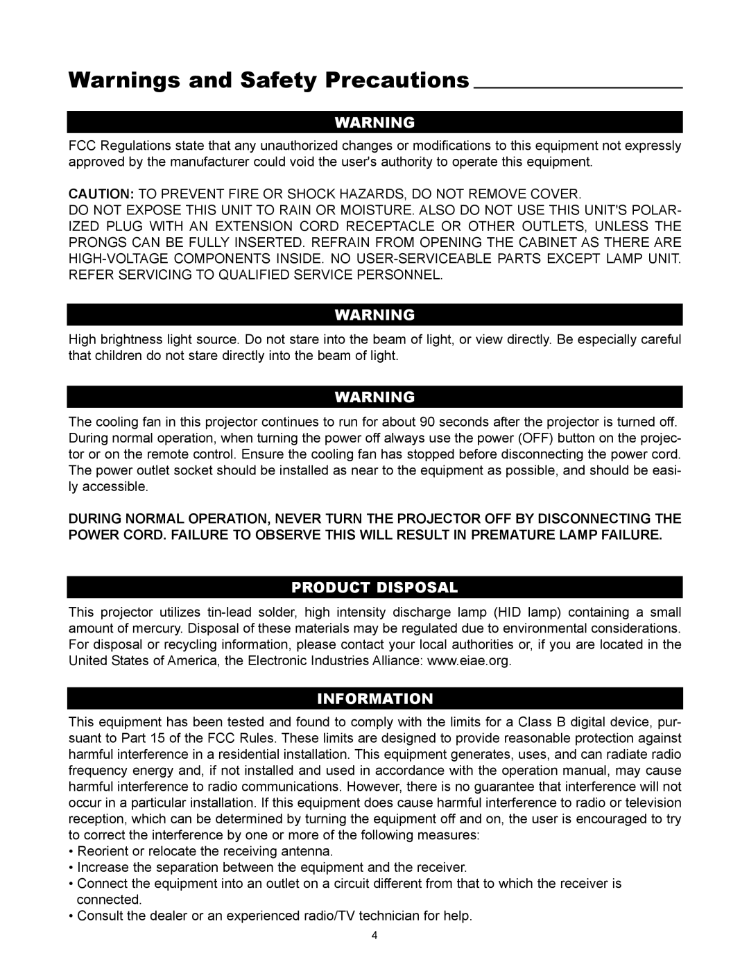 Runco VX-5000ci manual Product Disposal Information 