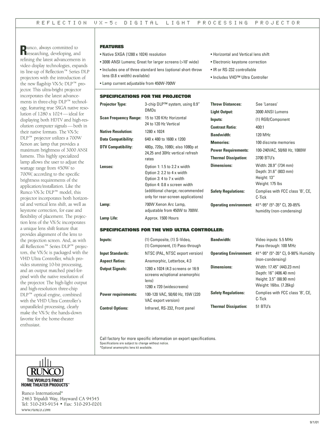 Runco VX-5C manual Features, Specifications for the Projector, Specifications for the VHD Ultra Controller 