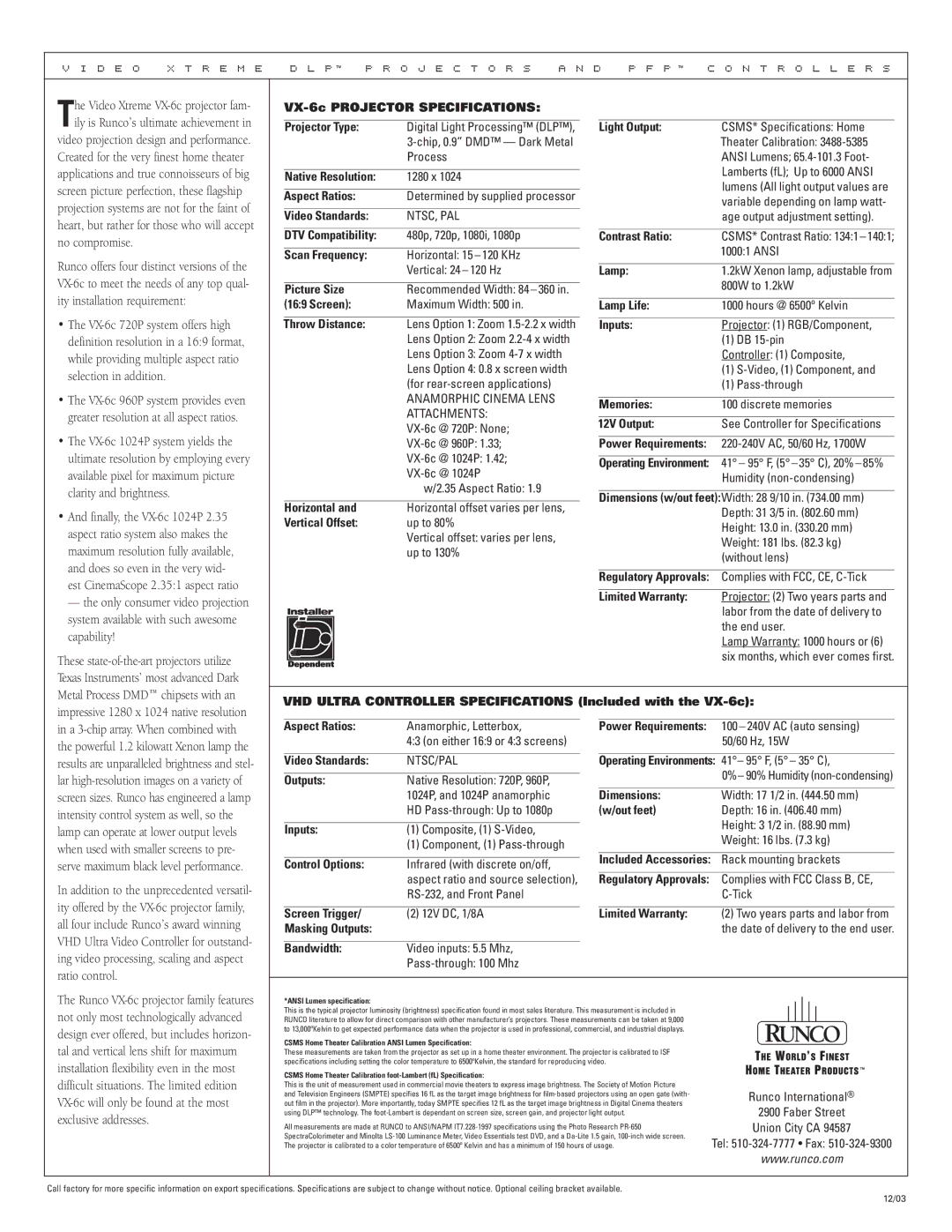 Runco VX-60 960p VX-6c Projector Specifications, Native Resolution, Aspect Ratios, Video Standards, DTV Compatibility 