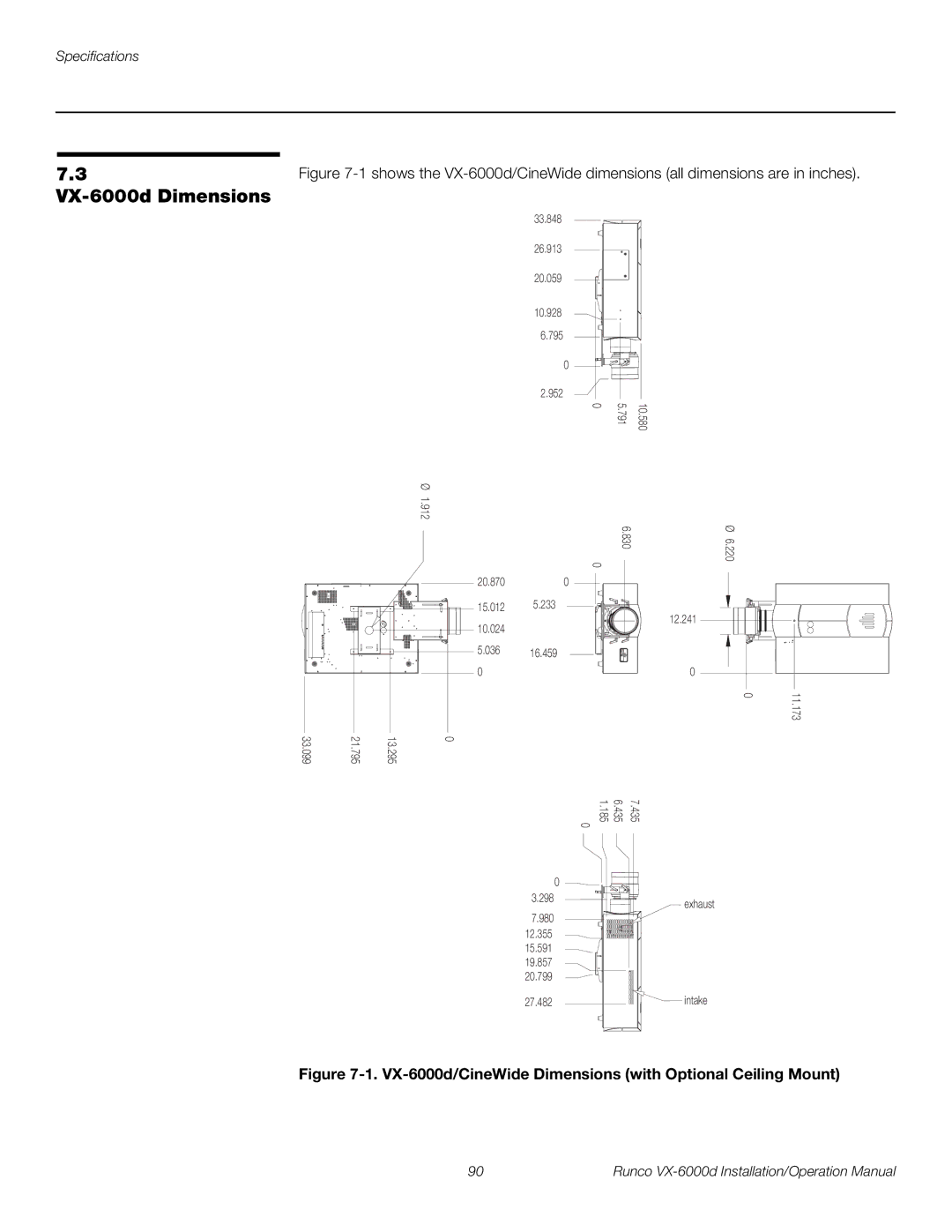 Runco VX-6000D operation manual VX-6000d Dimensions, VX-6000d/CineWide Dimensions with Optional Ceiling Mount 