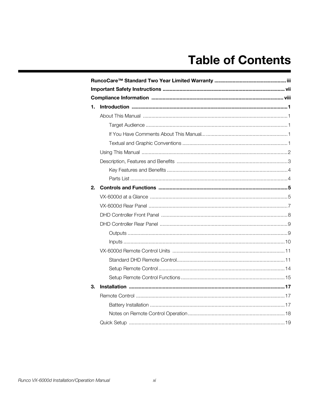 Runco VX-6000D operation manual Table of Contents 