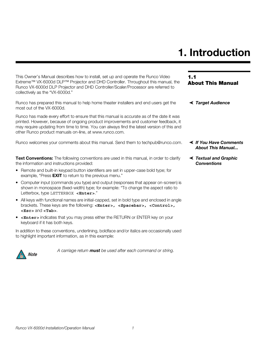 Runco VX-6000D operation manual Introduction, About This Manual 