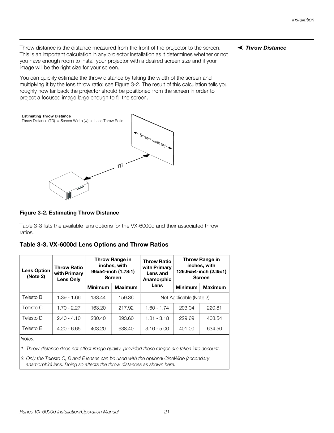 Runco VX-6000D operation manual VX-6000d Lens Options and Throw Ratios, Throw Distance 