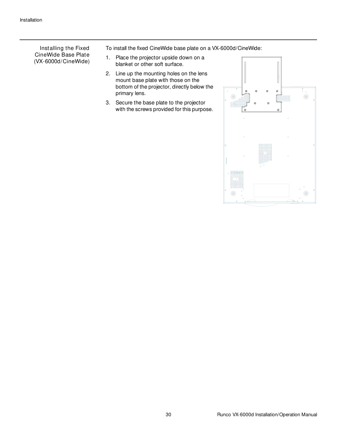 Runco VX-6000D operation manual CineWide Base Plate, VX-6000d/CineWide 