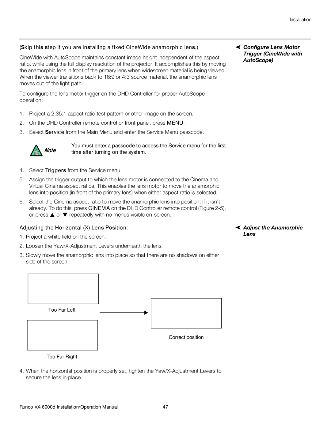 Runco VX-6000D operation manual Select Triggers from the Service menu, Adjusting the Horizontal X Lens Position 