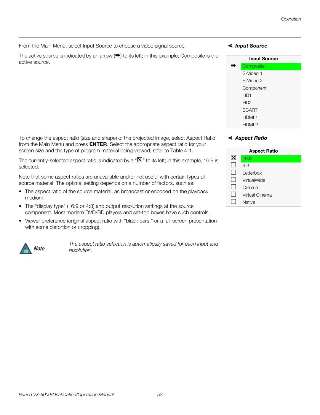 Runco VX-6000D operation manual Input Source, Aspect Ratio 