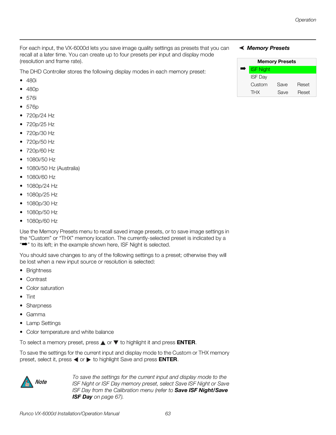 Runco VX-6000D operation manual Memory Presets 