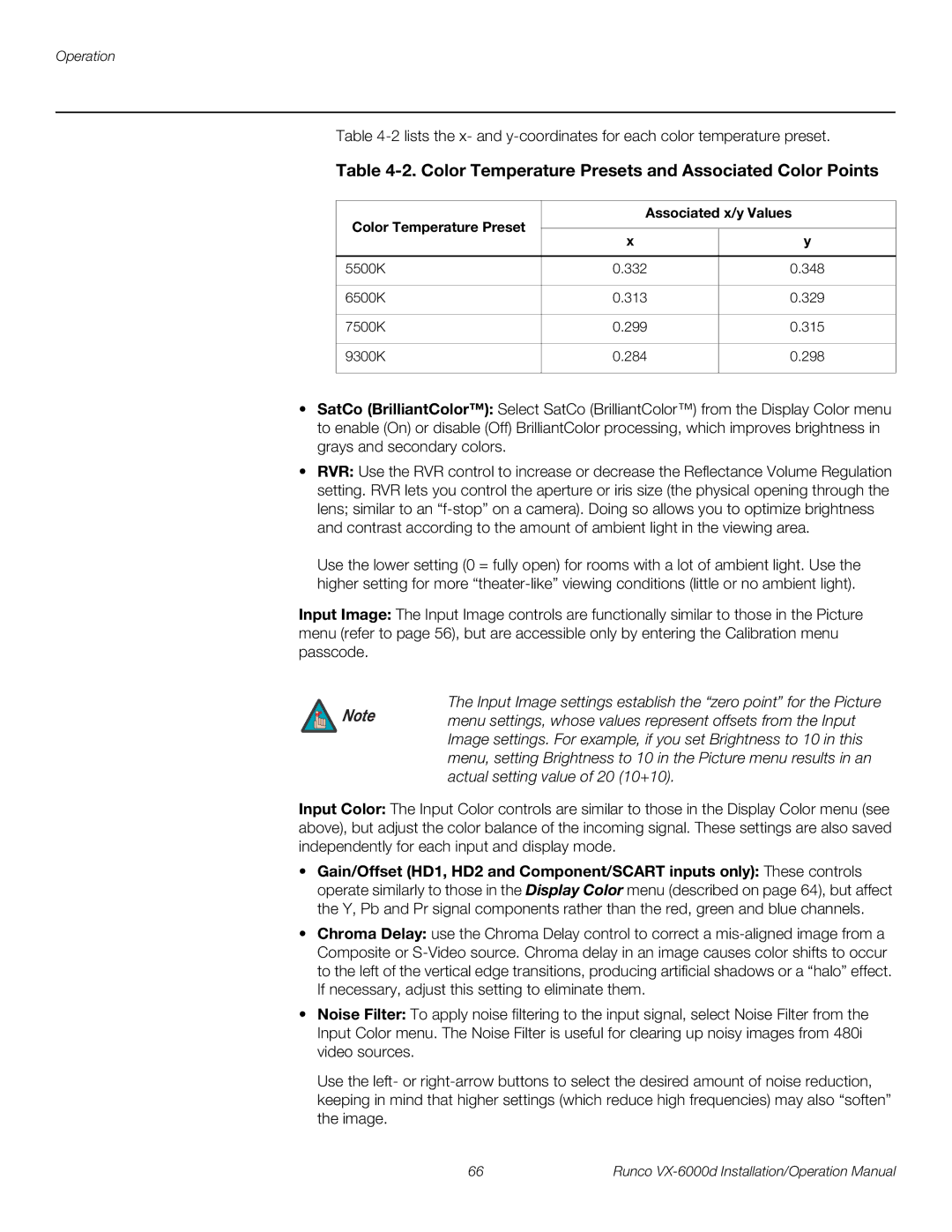 Runco VX-6000D Color Temperature Presets and Associated Color Points, Color Temperature Preset Associated x/y Values 