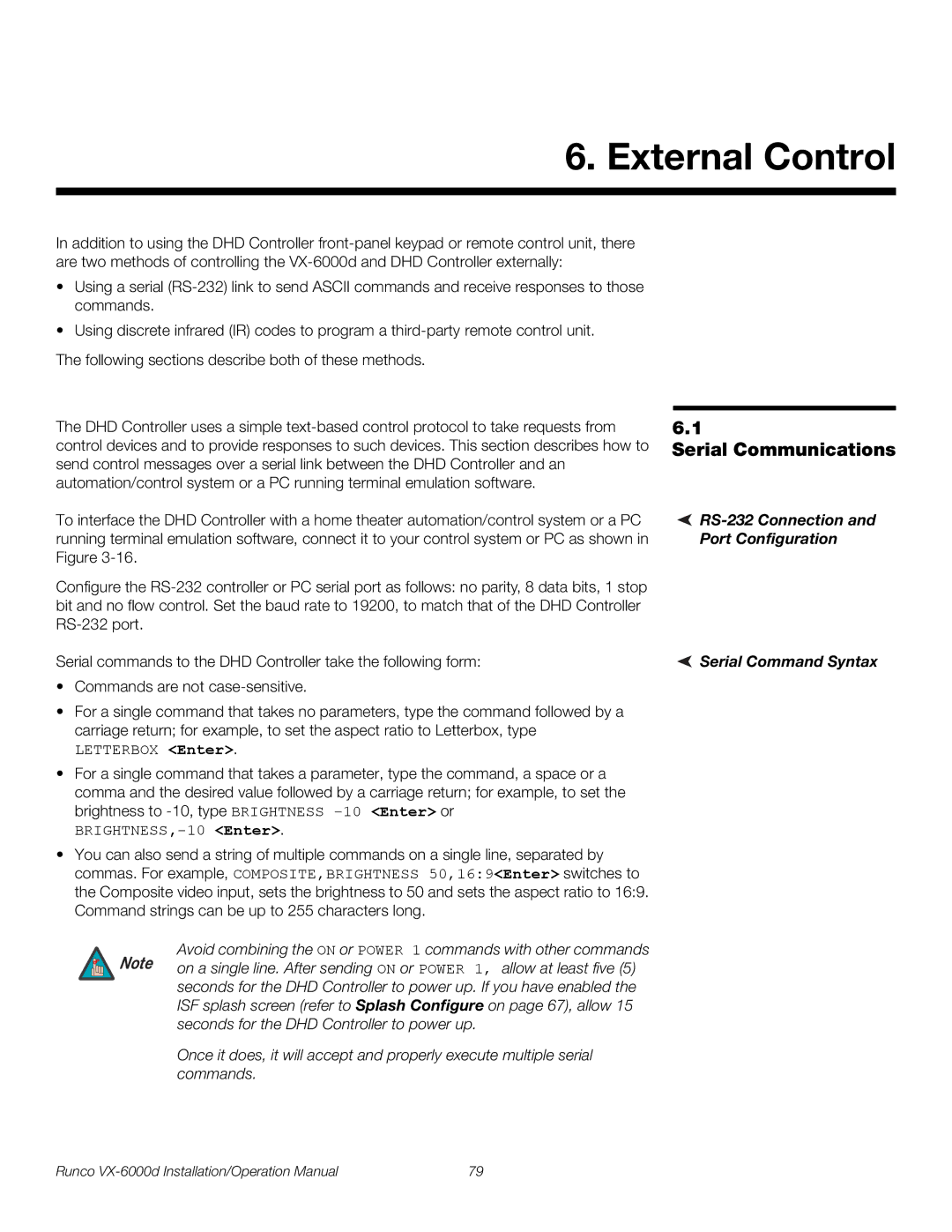 Runco VX-6000D External Control, Serial Communications, RS-232 Connection, Port Configuration, Serial Command Syntax 