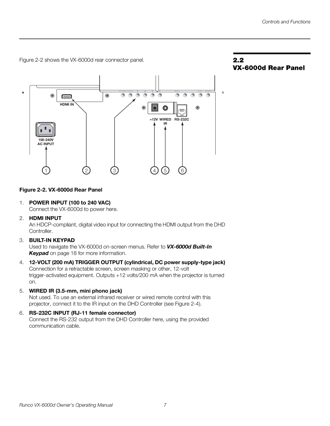 Runco VX-6000D manual VX-6000d Rear Panel, RS-232C Input RJ-11 female connector 