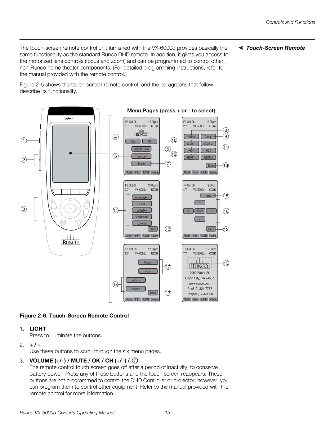 Runco VX-6000D manual Touch-Screen Remote, Volume +/- / Mute / OK / CH + 