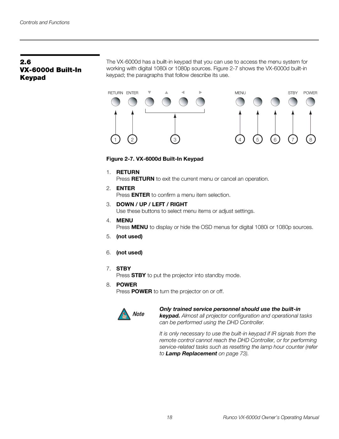 Runco VX-6000D manual VX-6000d Built-In Keypad, Not used, Only trained service personnel should use the built-in 