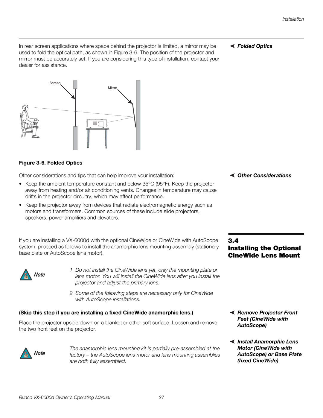 Runco VX-6000D manual Installing the Optional CineWide Lens Mount, Folded Optics Other Considerations 