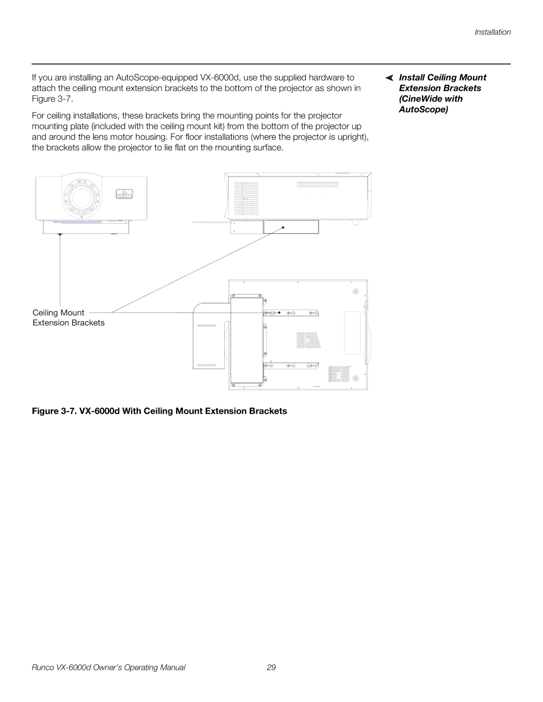 Runco VX-6000D manual Install Ceiling Mount, Extension Brackets, CineWide with 