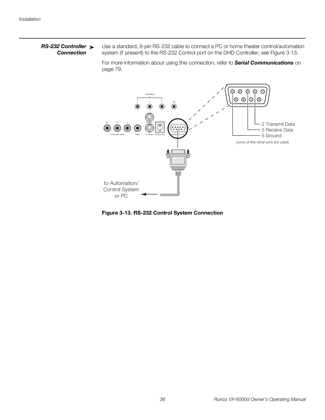 Runco VX-6000D manual RS-232 Controller, Connection 