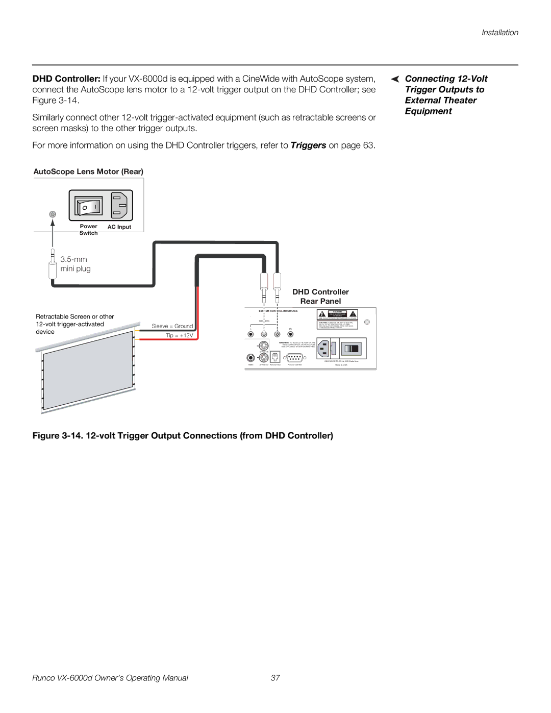 Runco VX-6000D manual Connecting 12-Volt, Trigger Outputs to, External Theater, Equipment 