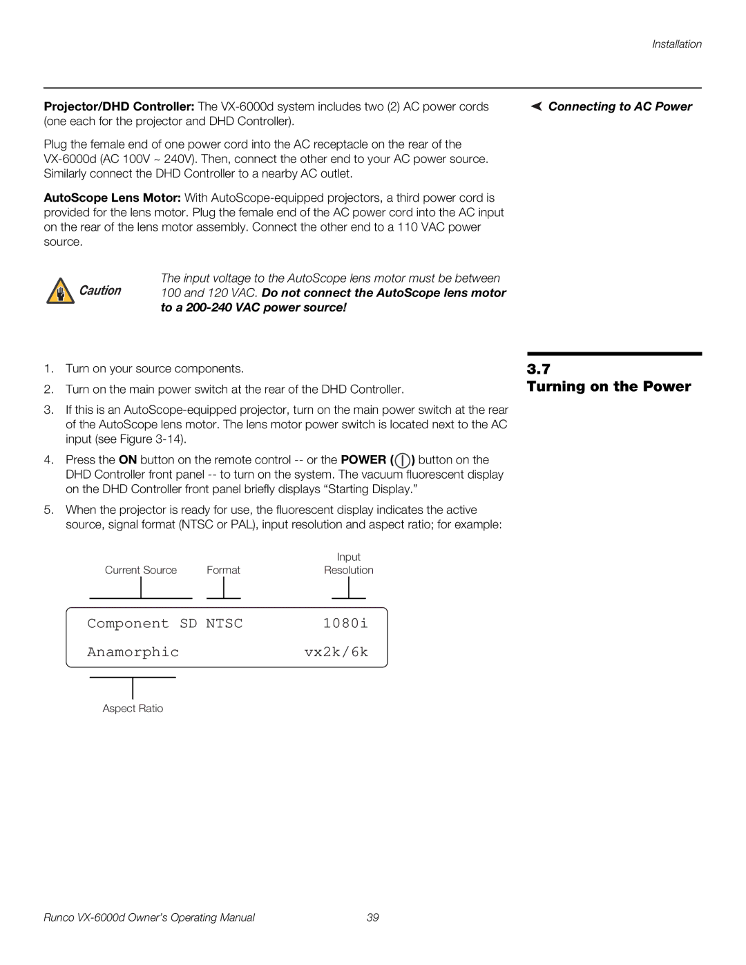 Runco VX-6000D manual Turning on the Power, Connecting to AC Power 