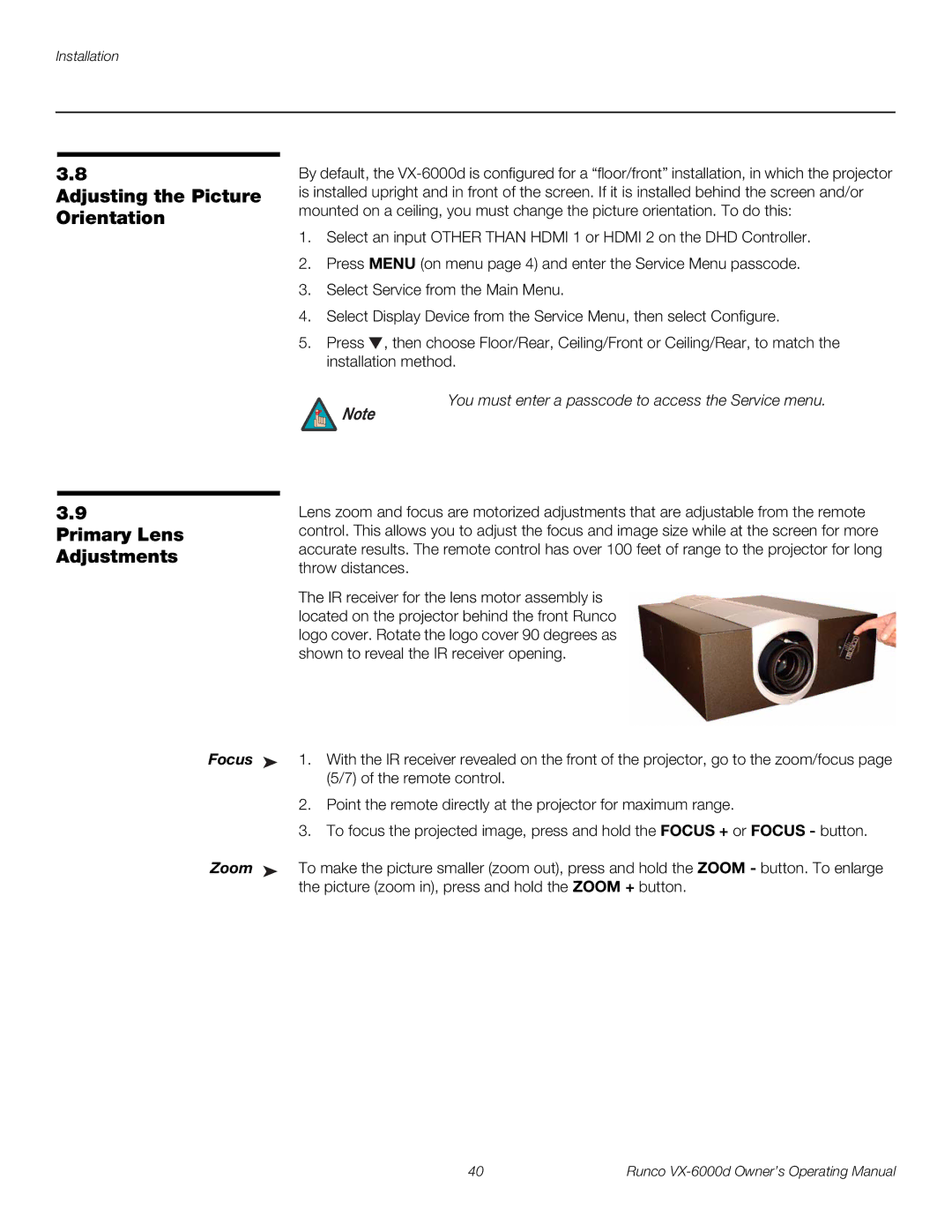 Runco VX-6000D manual Adjusting the Picture Orientation, Primary Lens Adjustments 