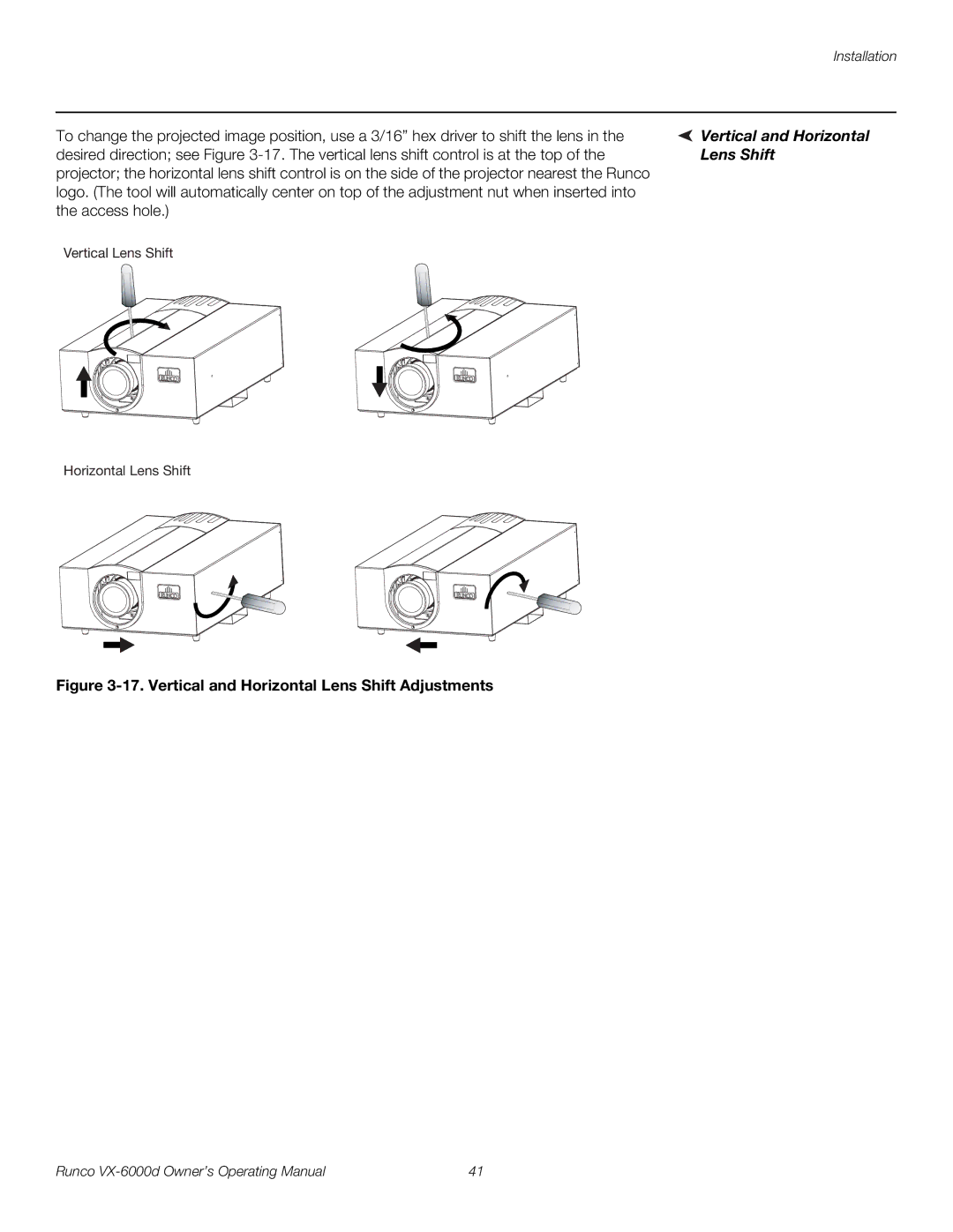 Runco VX-6000D manual Vertical and Horizontal Lens Shift Adjustments 