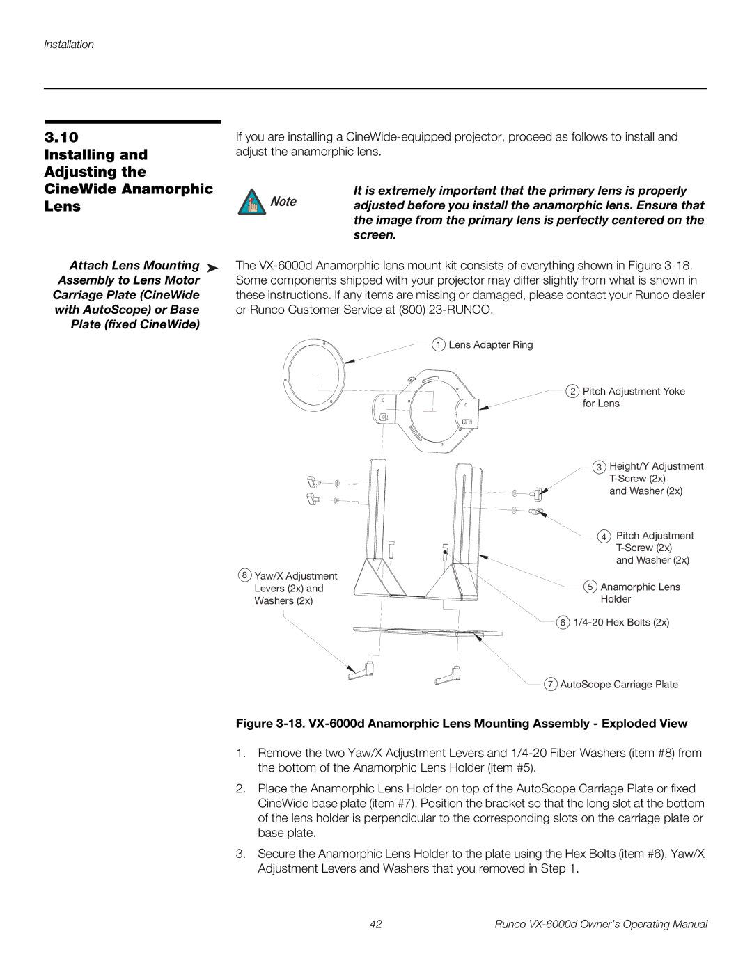 Runco VX-6000D Installing and Adjusting the CineWide Anamorphic Lens, Assembly to Lens Motor, Carriage Plate CineWide 