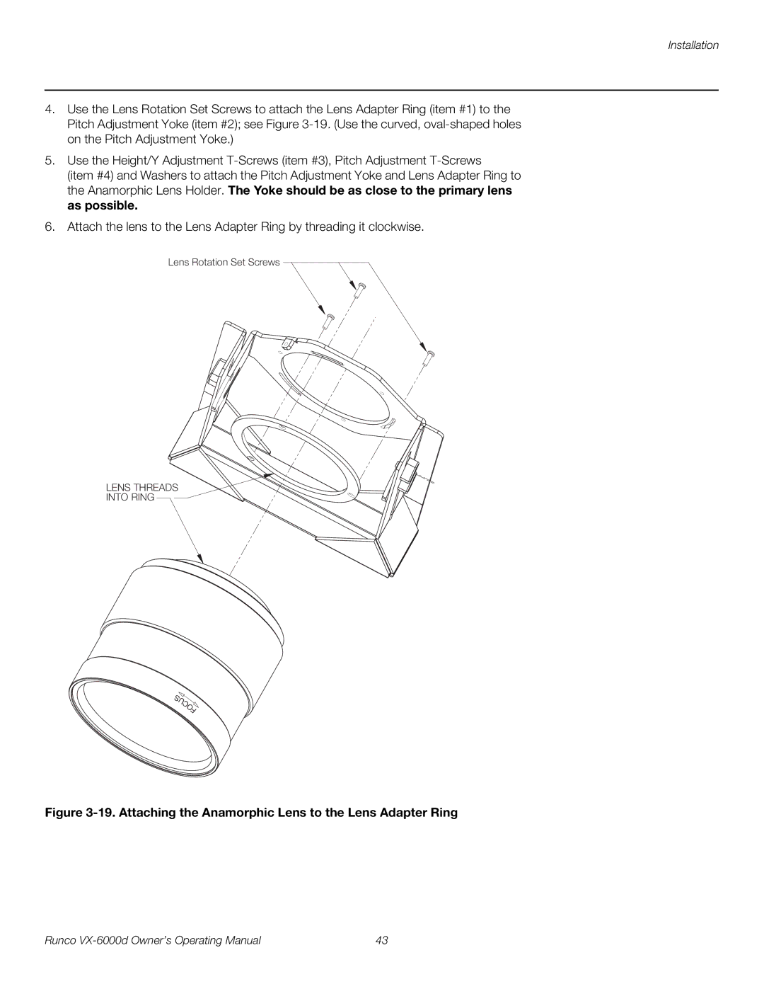 Runco VX-6000D manual Attaching the Anamorphic Lens to the Lens Adapter Ring 