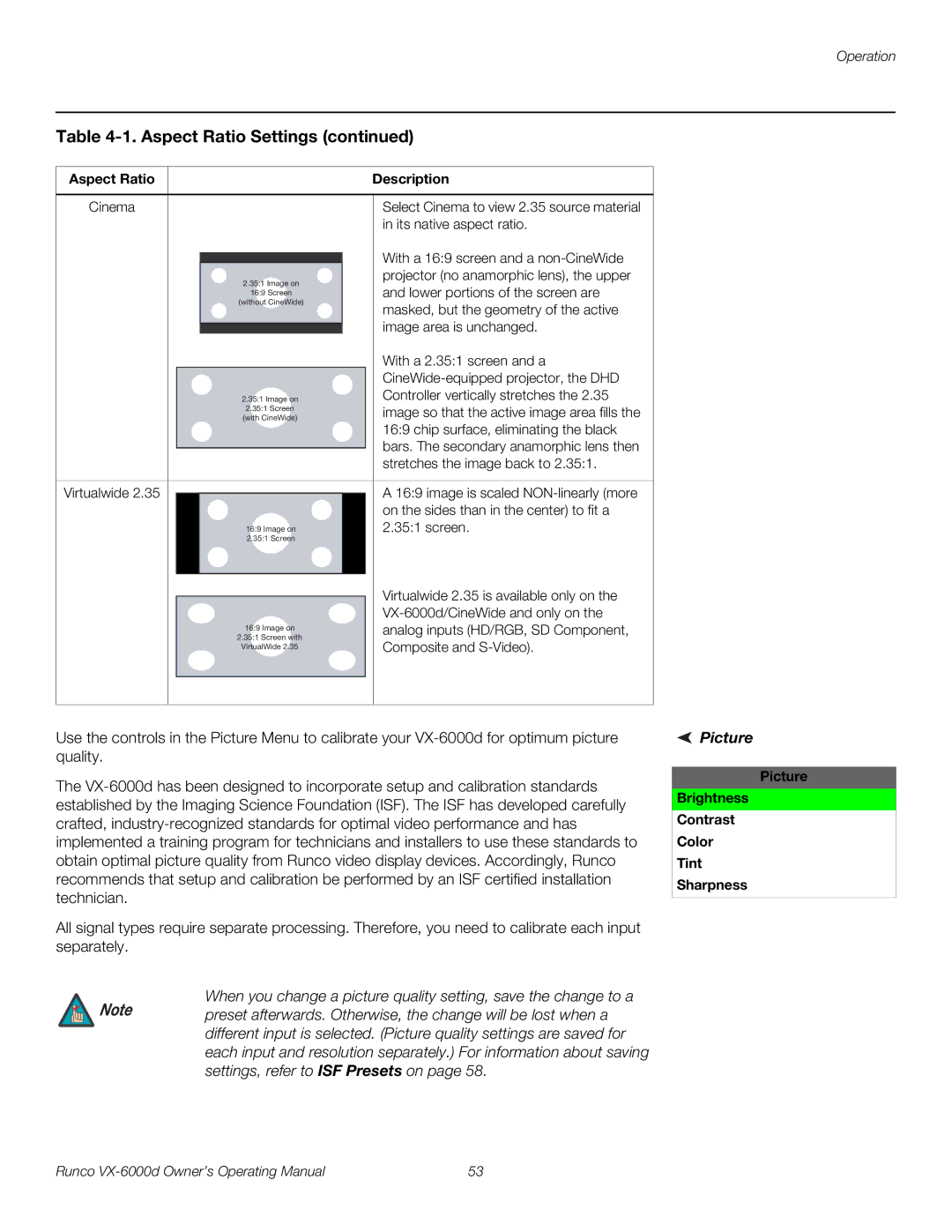 Runco VX-6000D manual Picture Brightness Contrast Color Tint Sharpness 