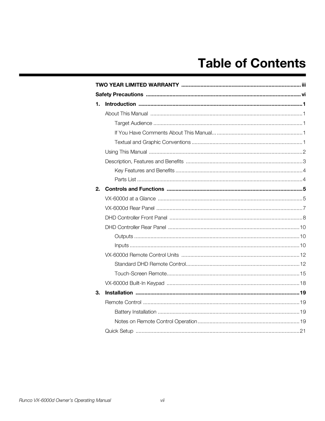 Runco VX-6000D manual Table of Contents 