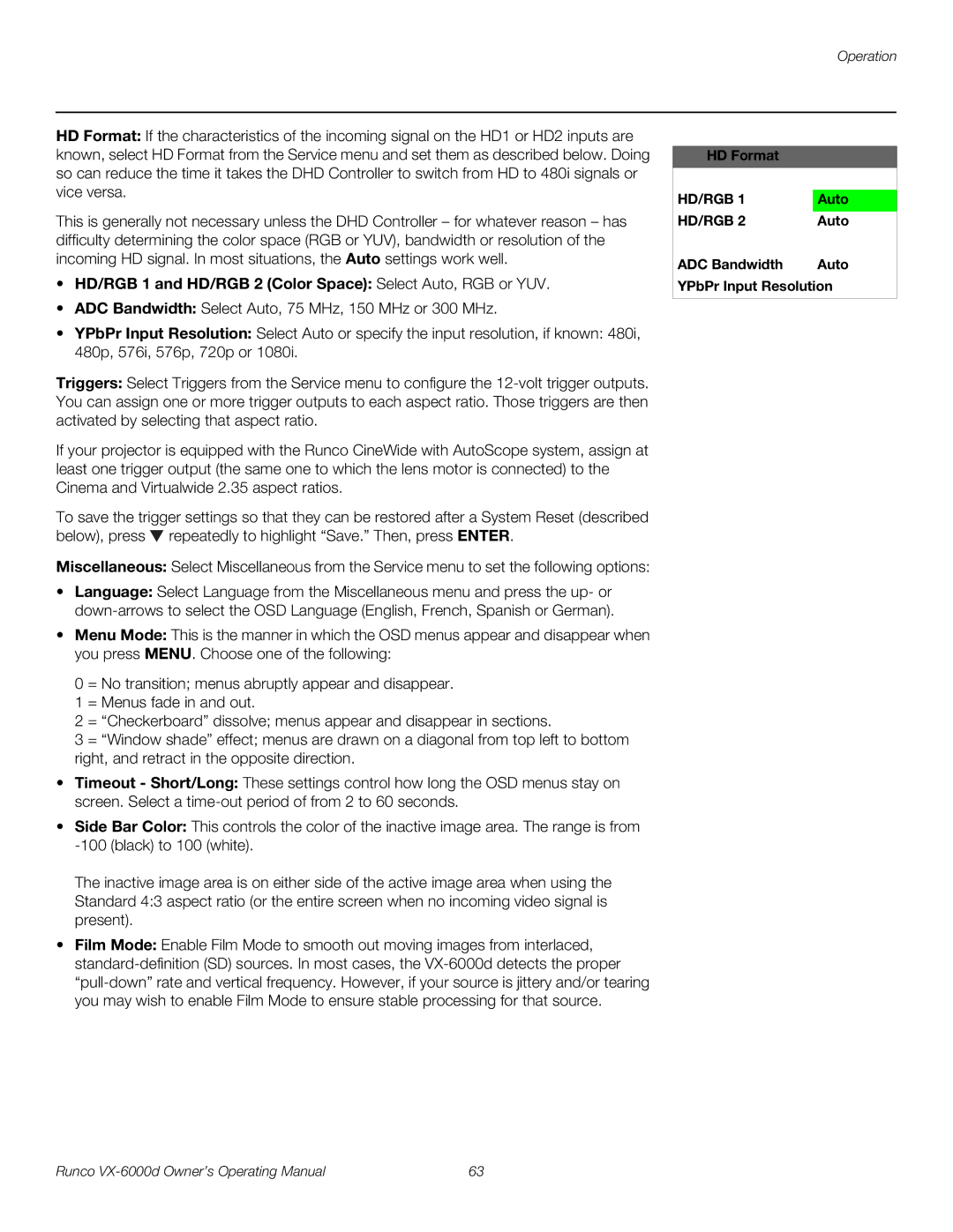 Runco VX-6000D manual HD/RGB 1 and HD/RGB 2 Color Space Select Auto, RGB or YUV, ADC Bandwidth Auto YPbPr Input Resolution 