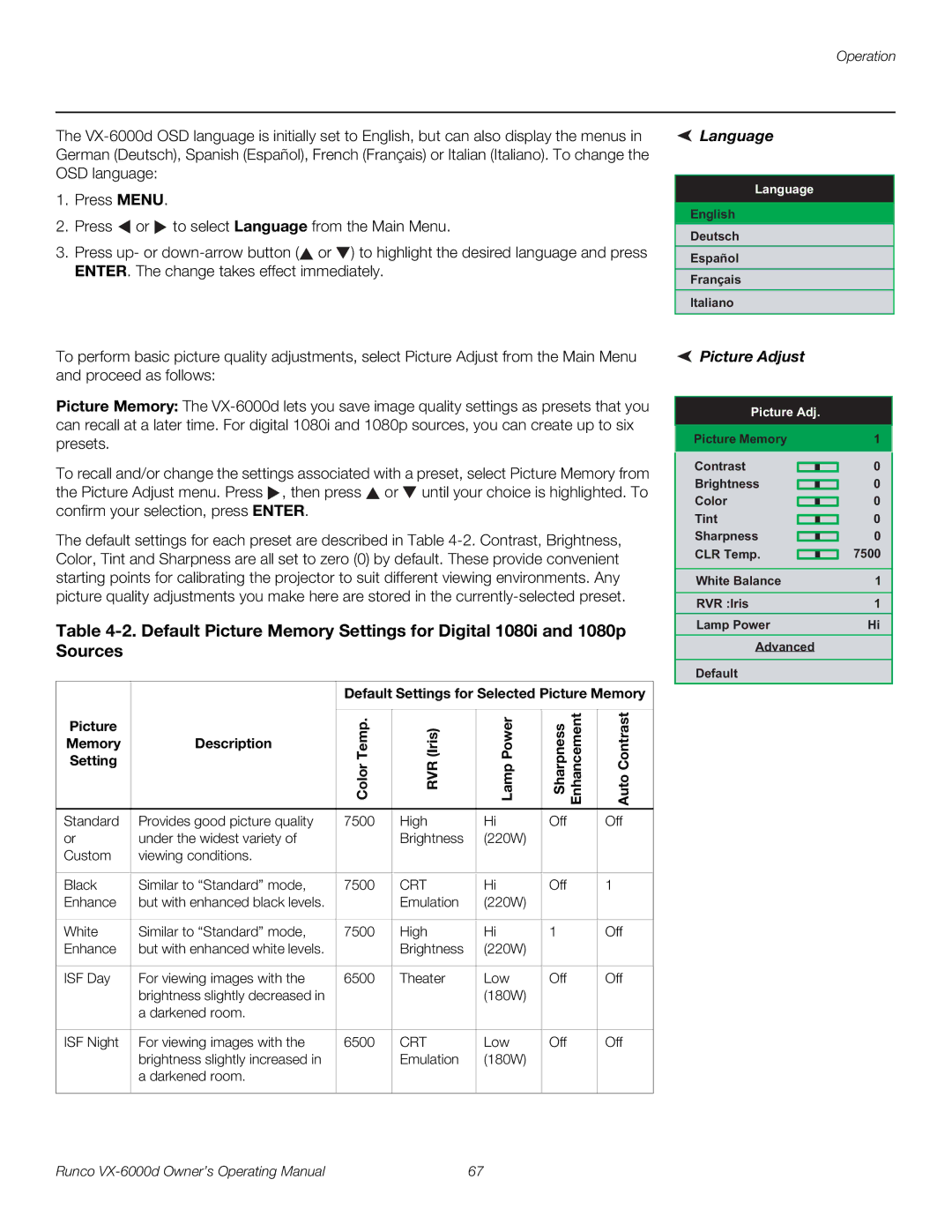 Runco VX-6000D manual Language, Picture Adjust, Default Settings for Selected Picture Memory 