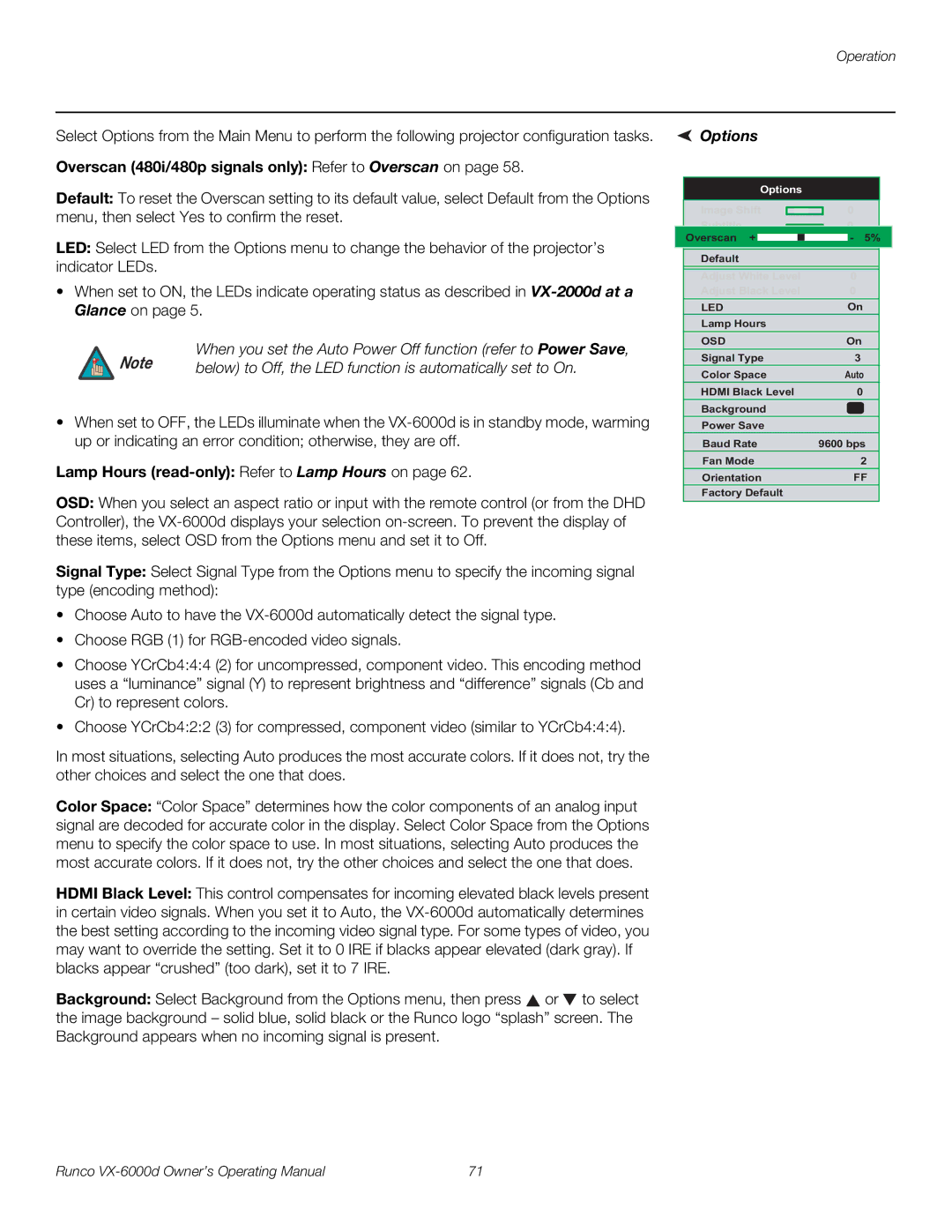 Runco VX-6000D Overscan 480i/480p signals only Refer to Overscan on, Lamp Hours read-onlyRefer to Lamp Hours on, Options 