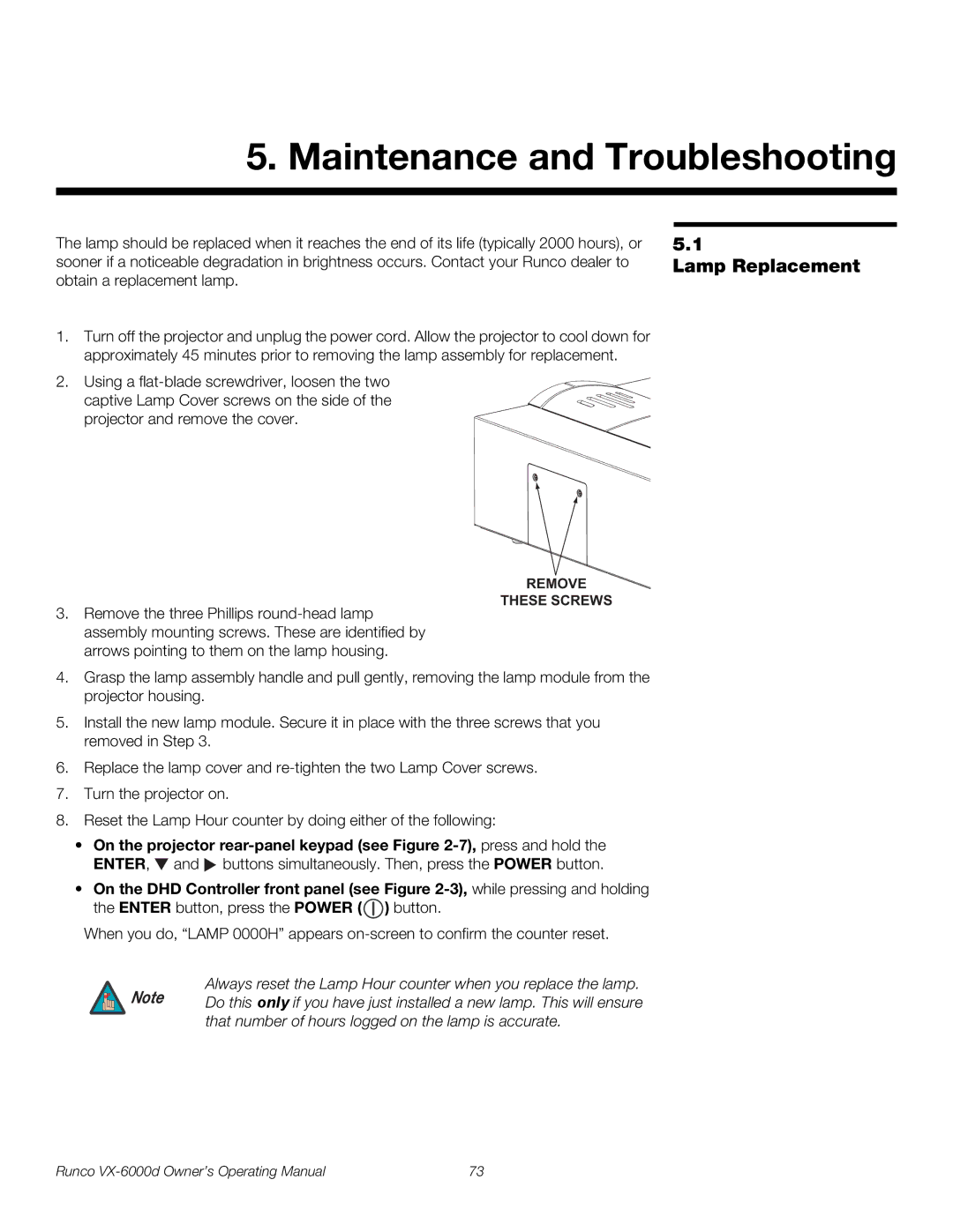 Runco VX-6000D manual Maintenance and Troubleshooting, Lamp Replacement 