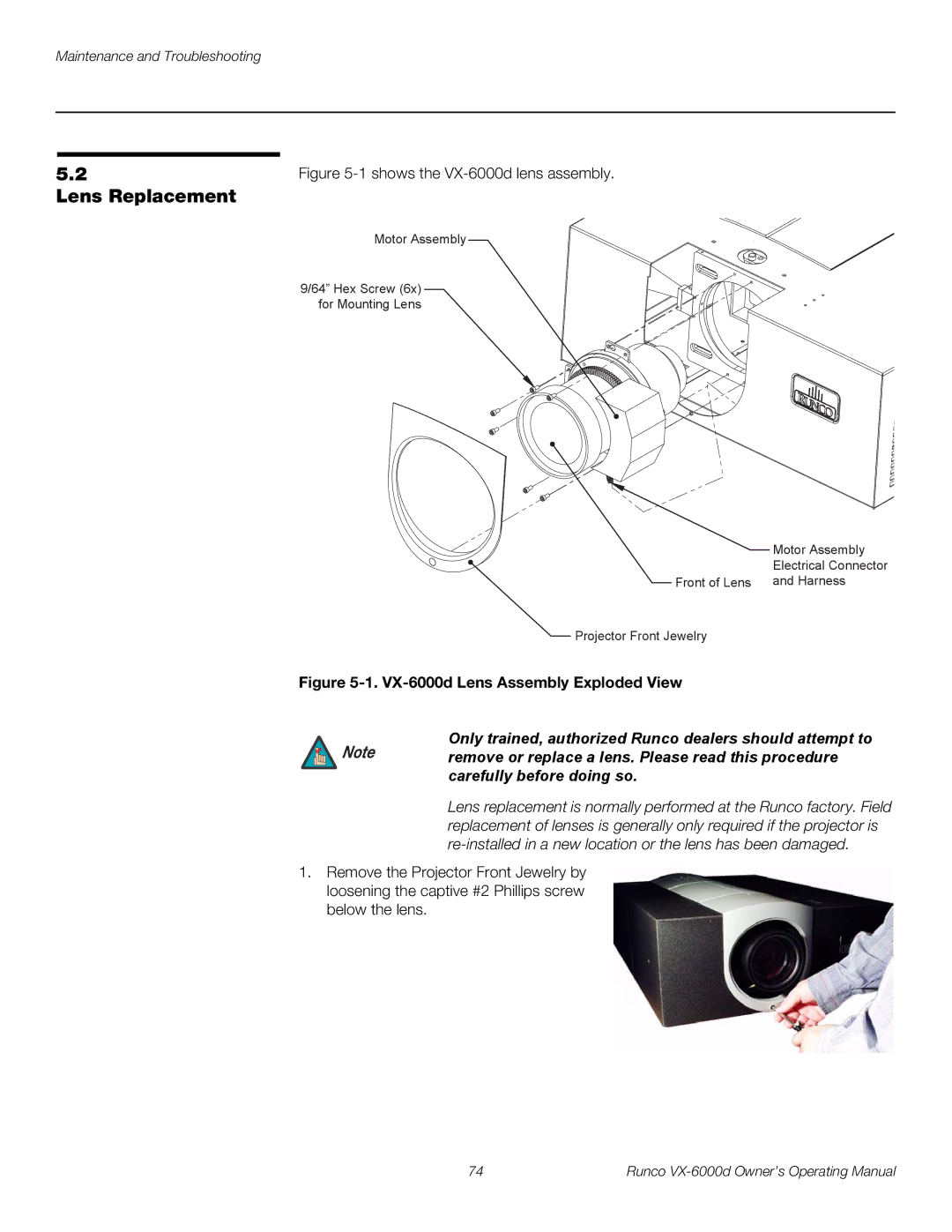 Runco VX-6000D manual Lens Replacement, Only trained, authorized Runco dealers should attempt to 