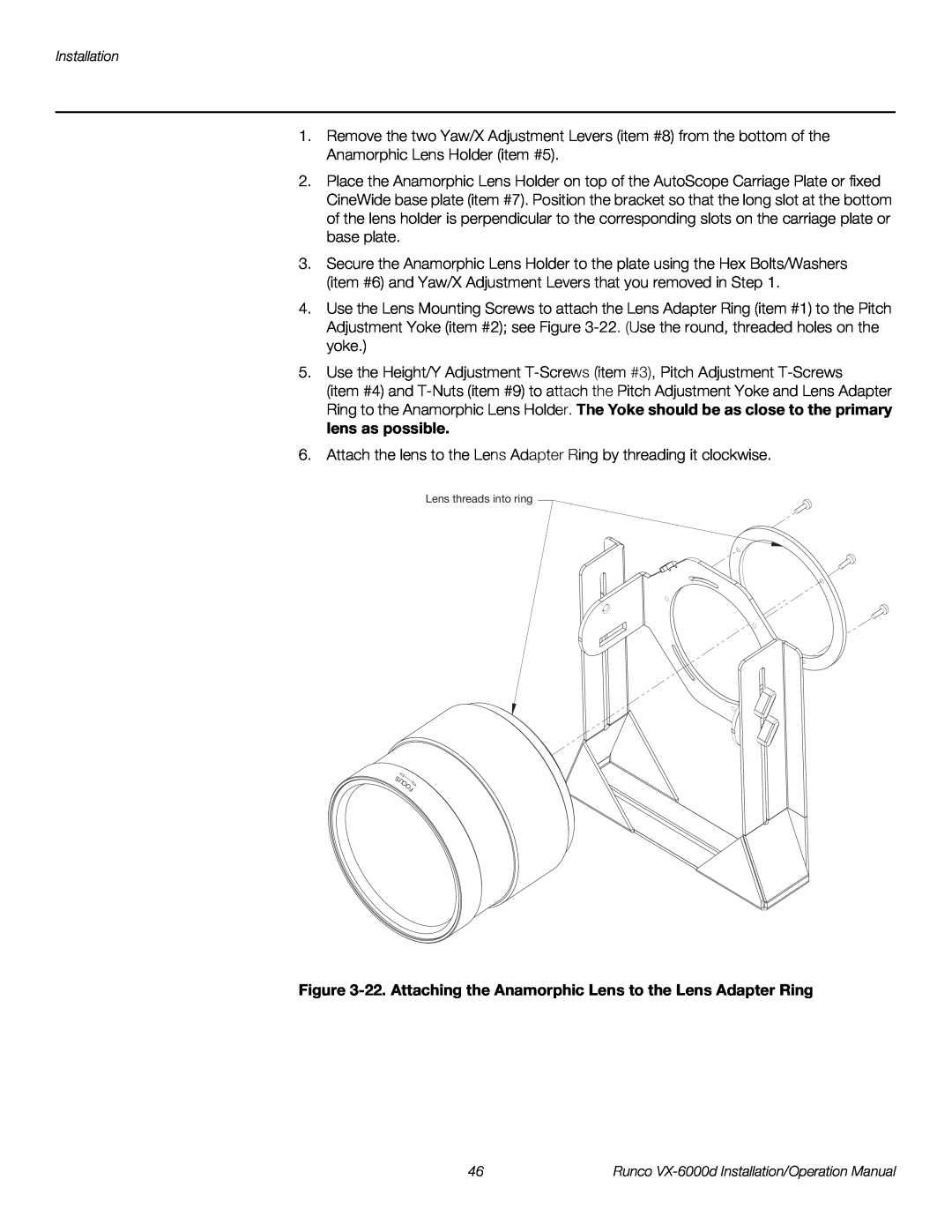 Runco VX-6000D operation manual 22. Attaching the Anamorphic Lens to the Lens Adapter Ring 