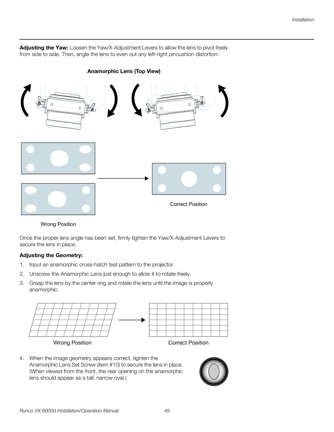 Runco VX-6000D operation manual Wrong Position, Anamorphic Lens Top View, Adjusting the Geometry 