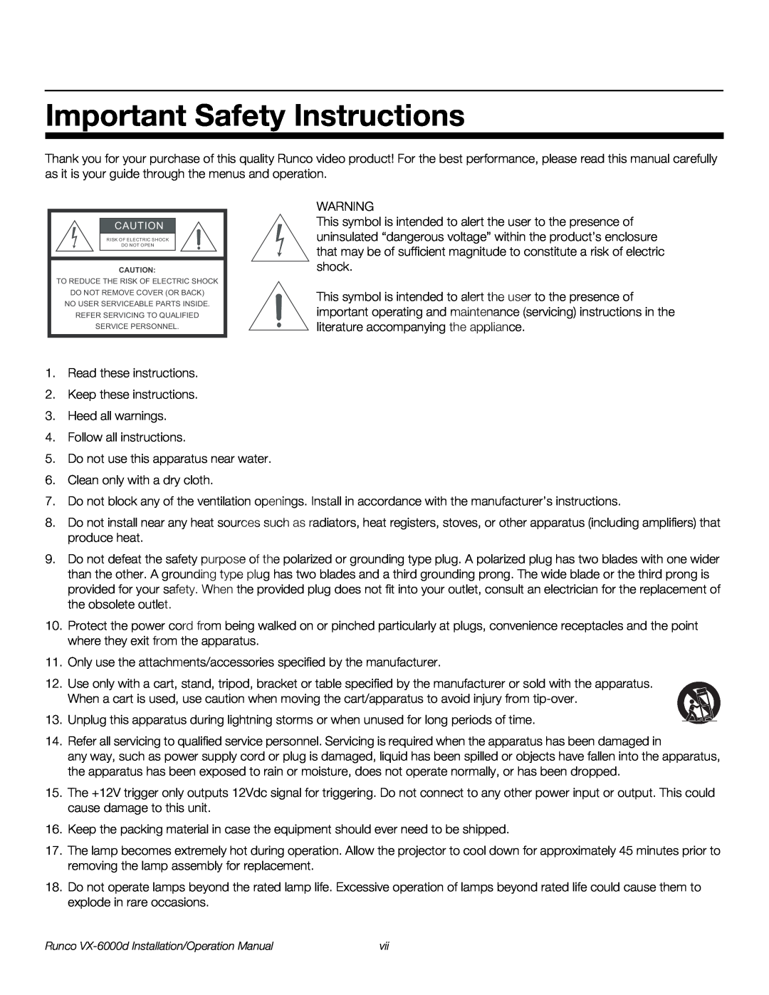 Runco VX-6000D operation manual Important Safety Instructions 