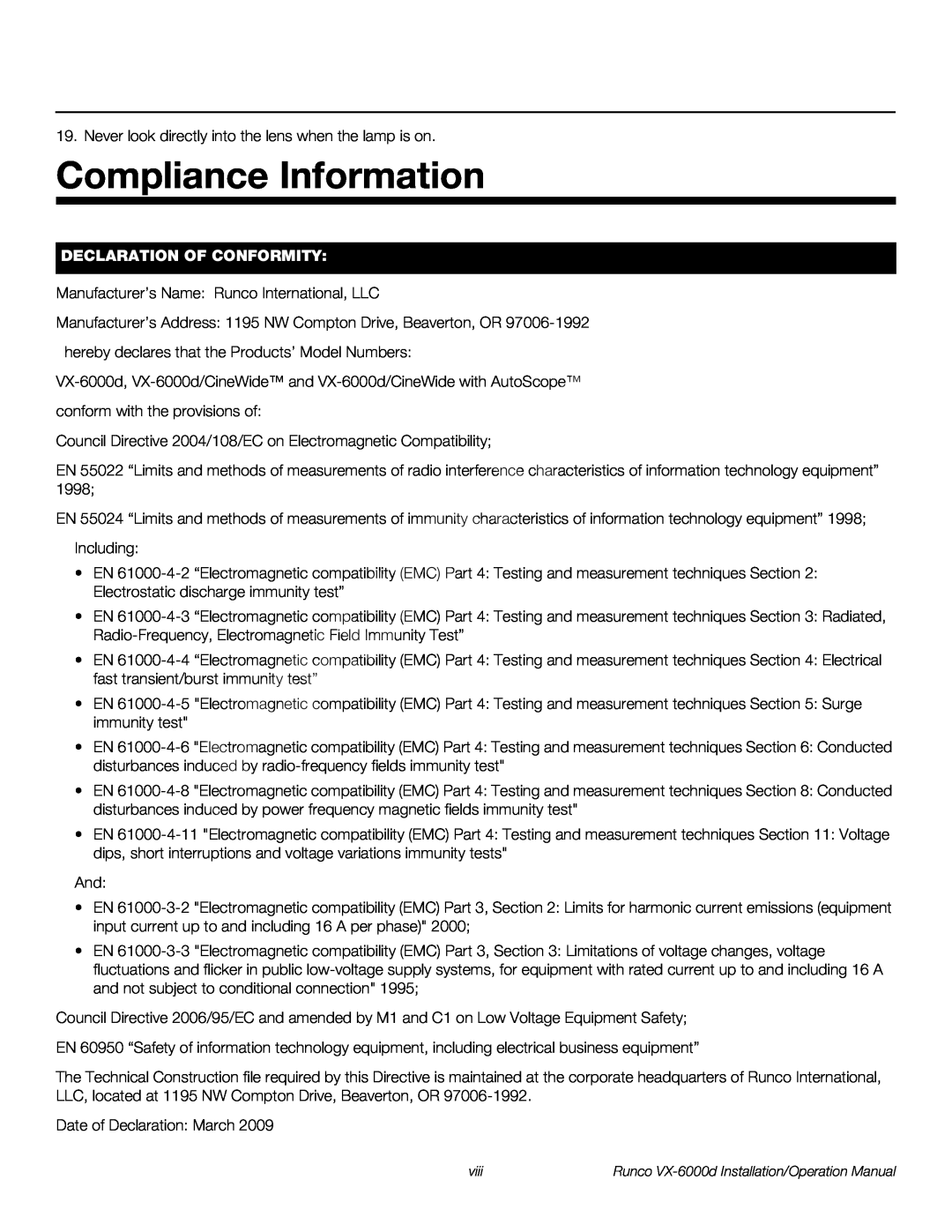 Runco VX-6000D operation manual Compliance Information, Declaration Of Conformity 