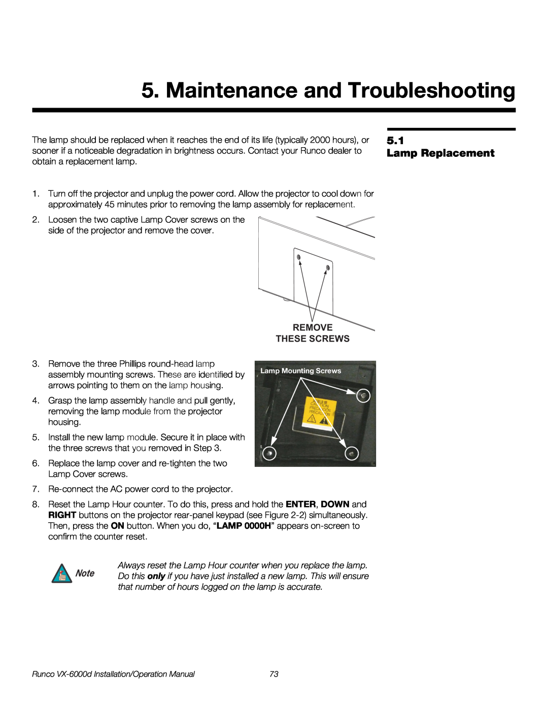 Runco VX-6000D operation manual Maintenance and Troubleshooting, Lamp Replacement, Remove These Screws 