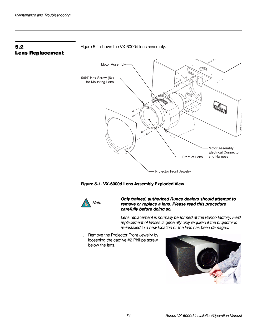 Runco VX-6000D operation manual Lens Replacement, 1. VX-6000d Lens Assembly Exploded View, Maintenance and Troubleshooting 