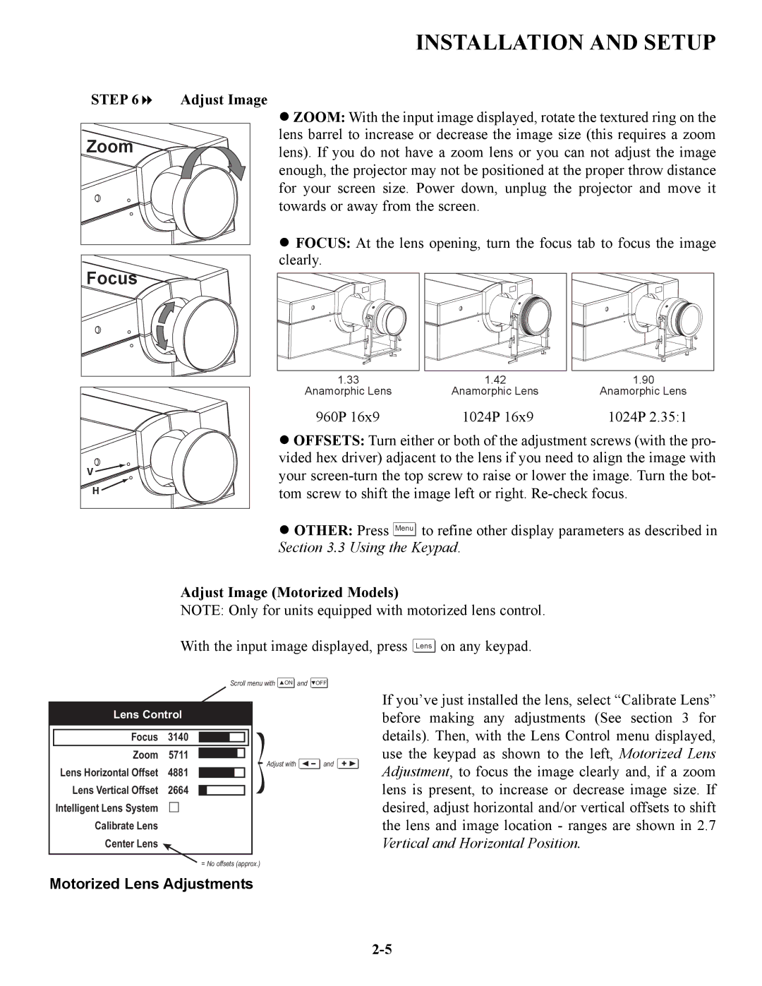 Runco VX-6C, VX-4C manual Adjust Image Motorized Models, Motorized Lens Adjustments 