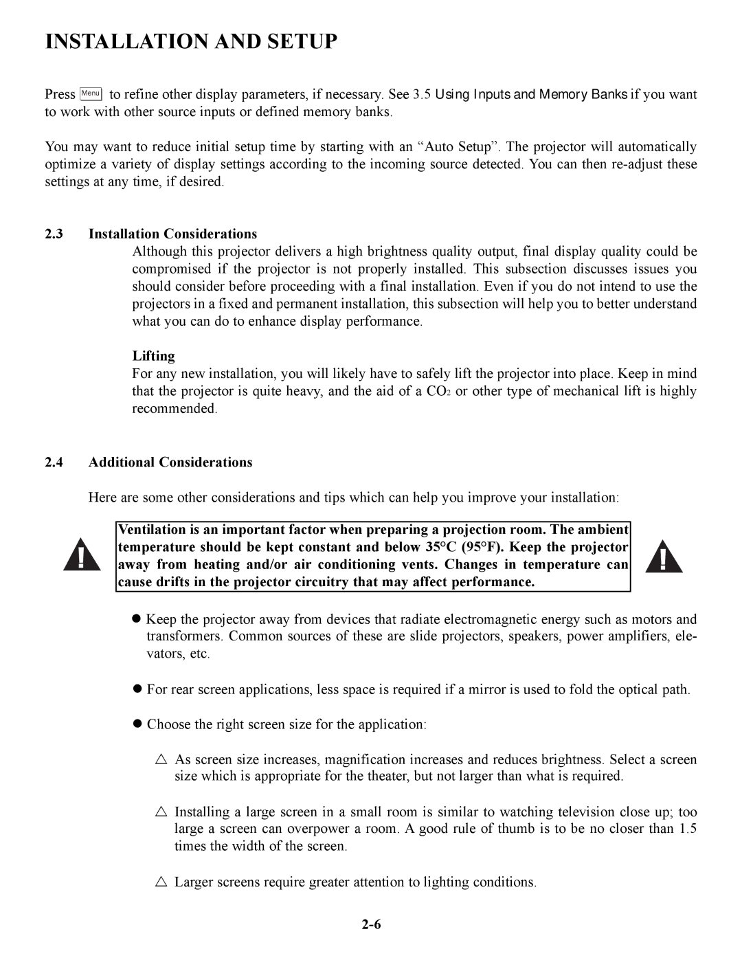 Runco VX-4C, VX-6C manual Installation Considerations, Lifting, Additional Considerations 