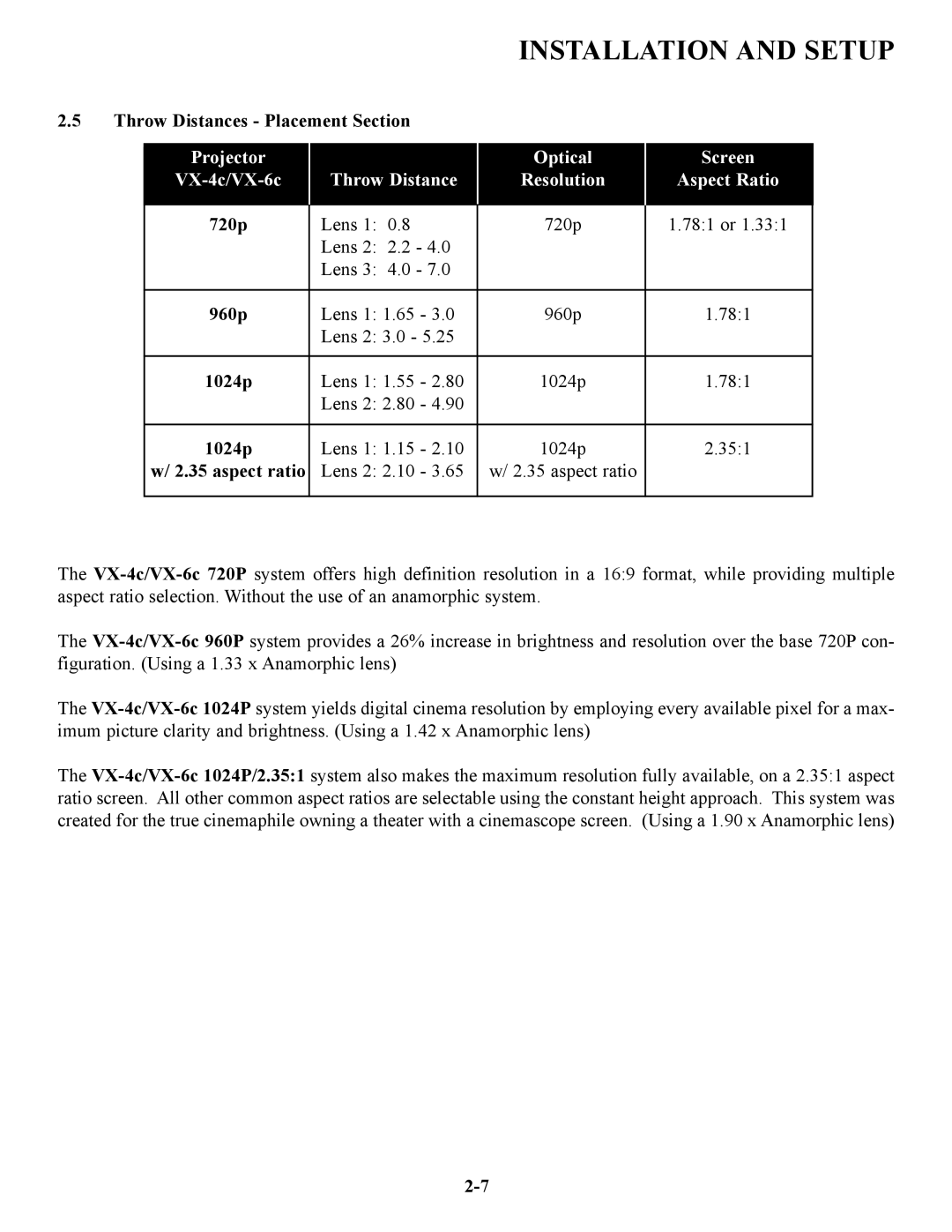 Runco VX-6C, VX-4C manual Throw Distances Placement Section, 720p, 960p, 1024p, Aspect ratio 