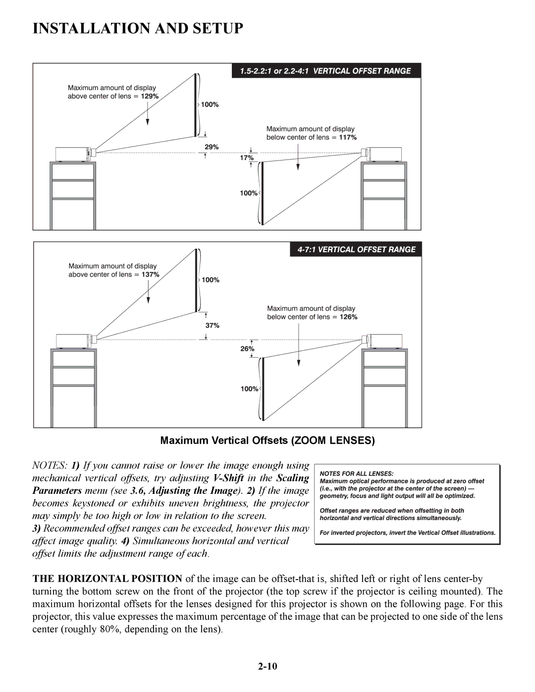 Runco VX-4C, VX-6C manual Maximum Vertical Offsets Zoom Lenses 