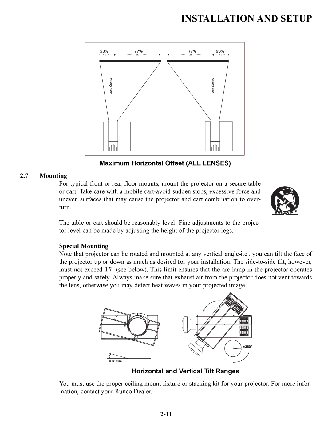 Runco VX-6C, VX-4C manual Maximum Horizontal Offset ALL Lenses, Special Mounting, Horizontal and Vertical Tilt Ranges 