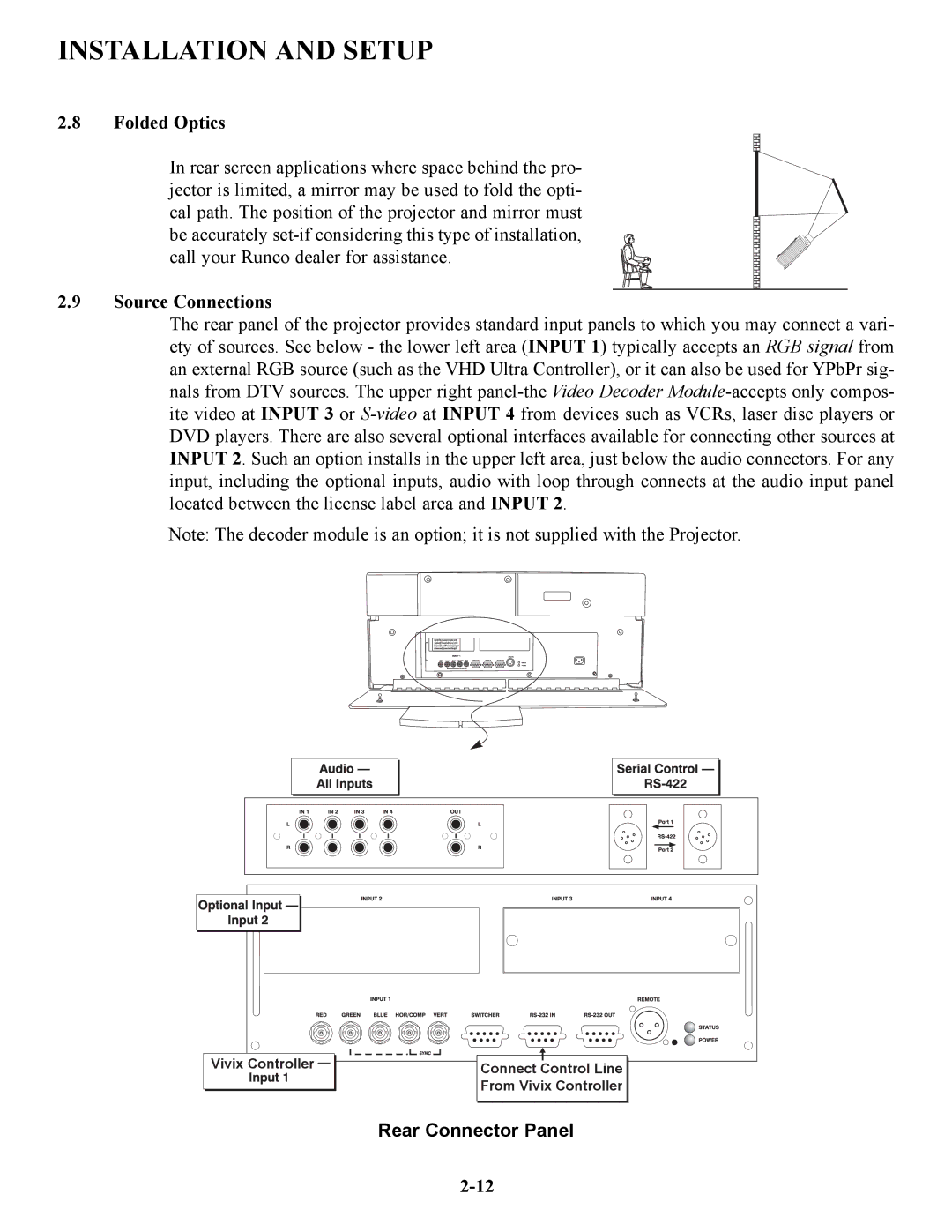 Runco VX-4C, VX-6C manual Folded Optics, Source Connections, Rear Connector Panel 