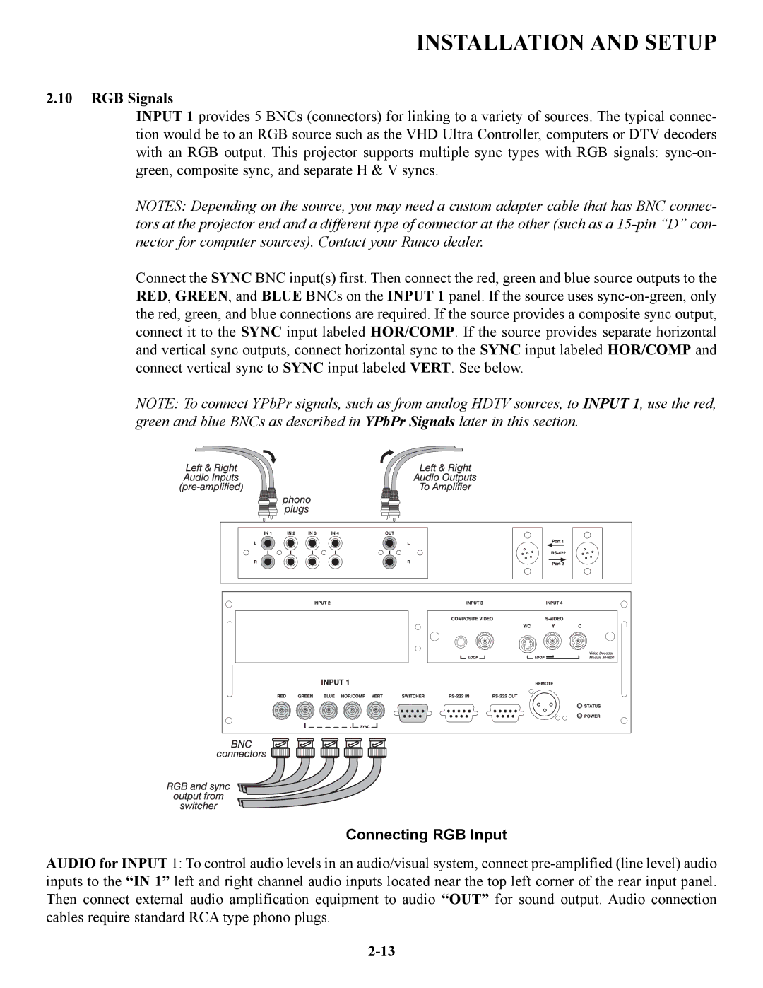 Runco VX-6C, VX-4C manual RGB Signals, Connecting RGB Input 